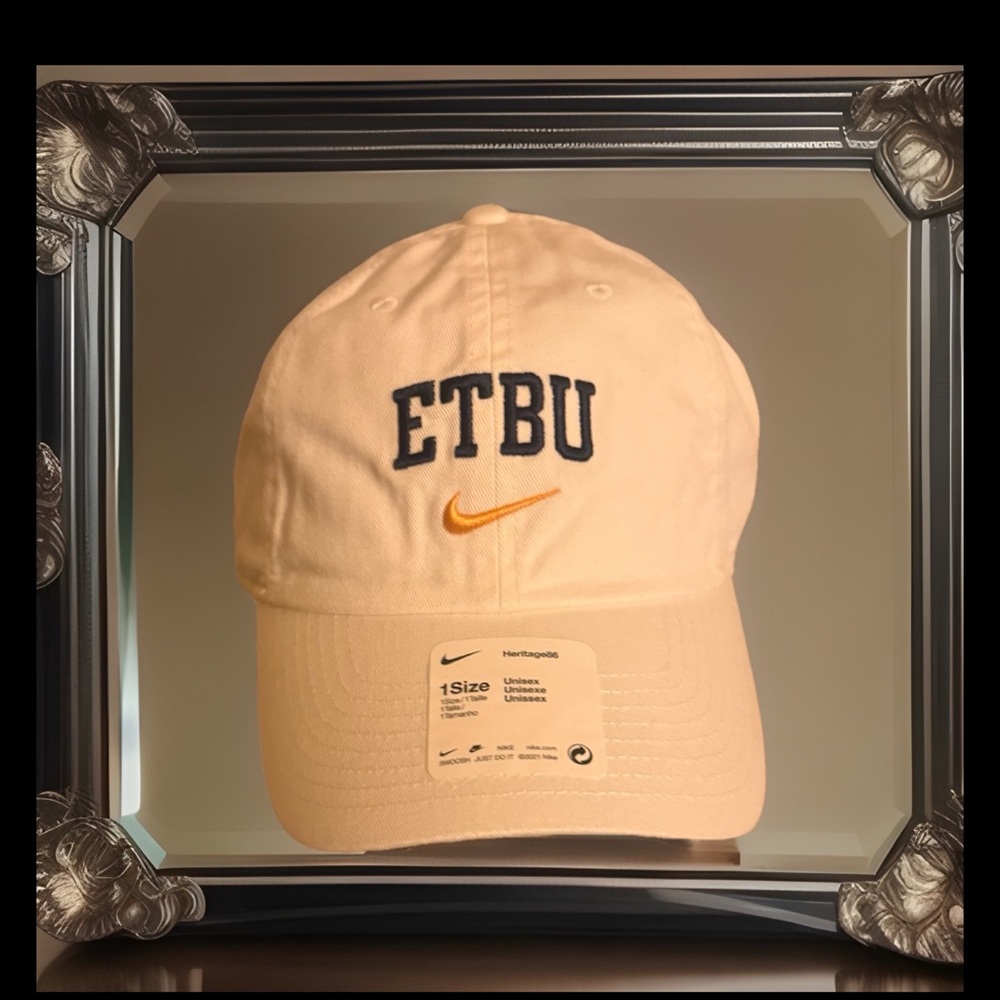 Nike ETBU Baseball Cap in White with Gold Swoosh